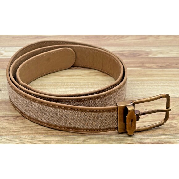 Vintage Salvatore Ferragamo Italy Mens Belt Tan Tweed Leather Brass Buckle 36-38 - Picture 5 of 14